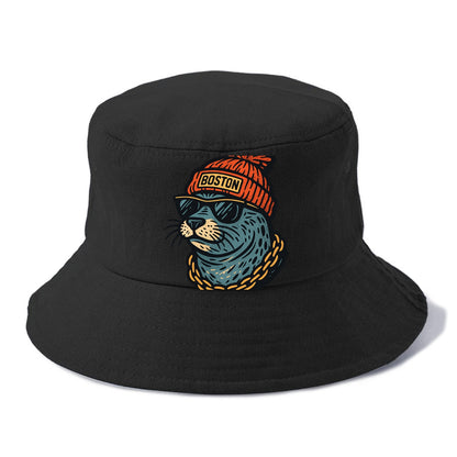 Boston Harbor Seal wearing Boston beanie with pom pom and wayfarer sunglasses - Bucket Hat - Black