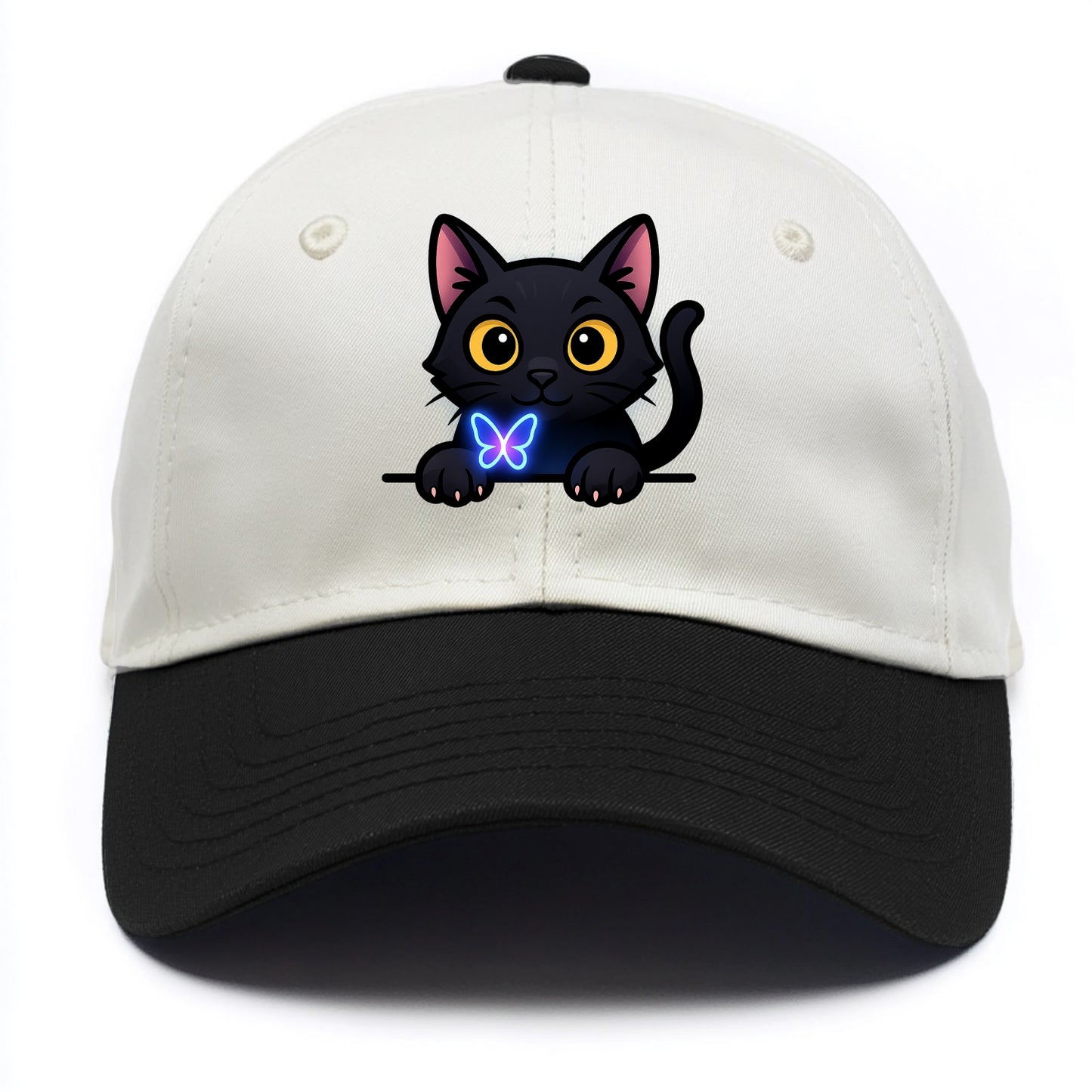 Midnight the black cat blowing a glossy bubblegum bubble while peeking. - Two Tone Cap - Black