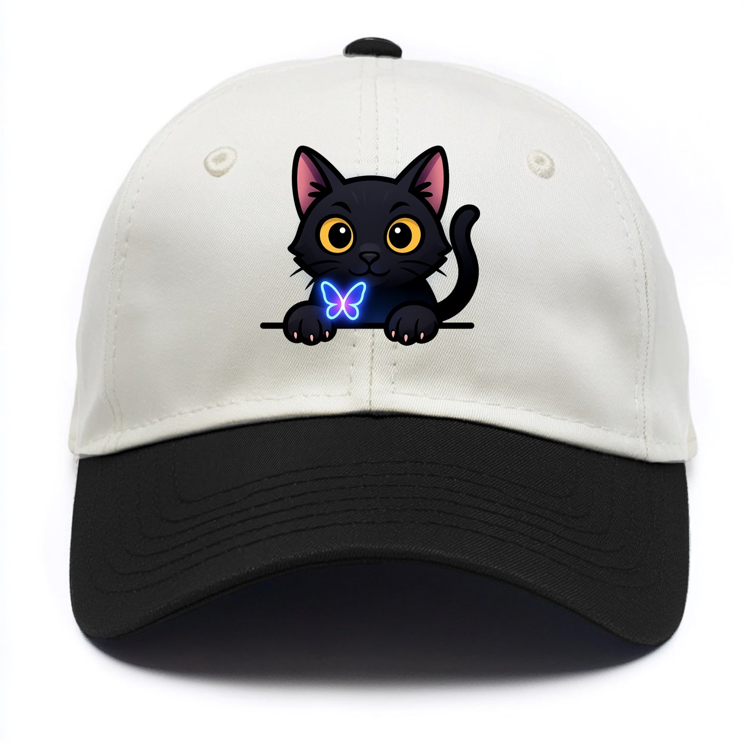 Midnight the black cat blowing a glossy bubblegum bubble while peeking. - Two Tone Cap - Black