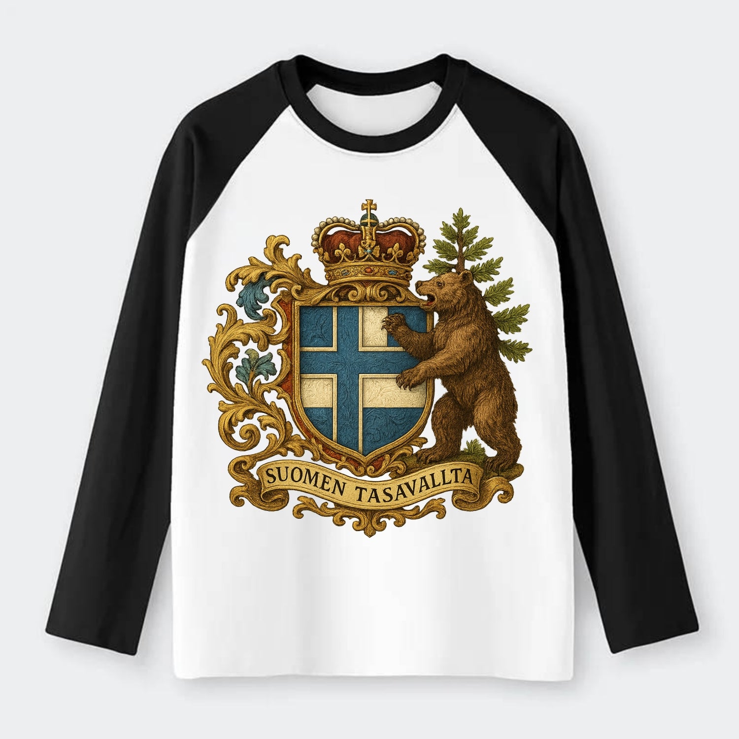 Finland Brown Bear Emblem - Raglan Long Sleeve T-Shirt - Black
