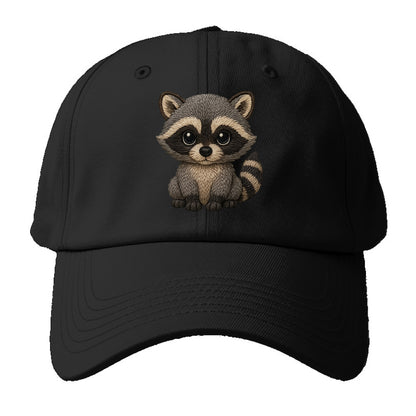 Baby Raccoon - gray fur, black mask, ringed tail, bright curious eyes, front-facing, - Baseball Cap - Black