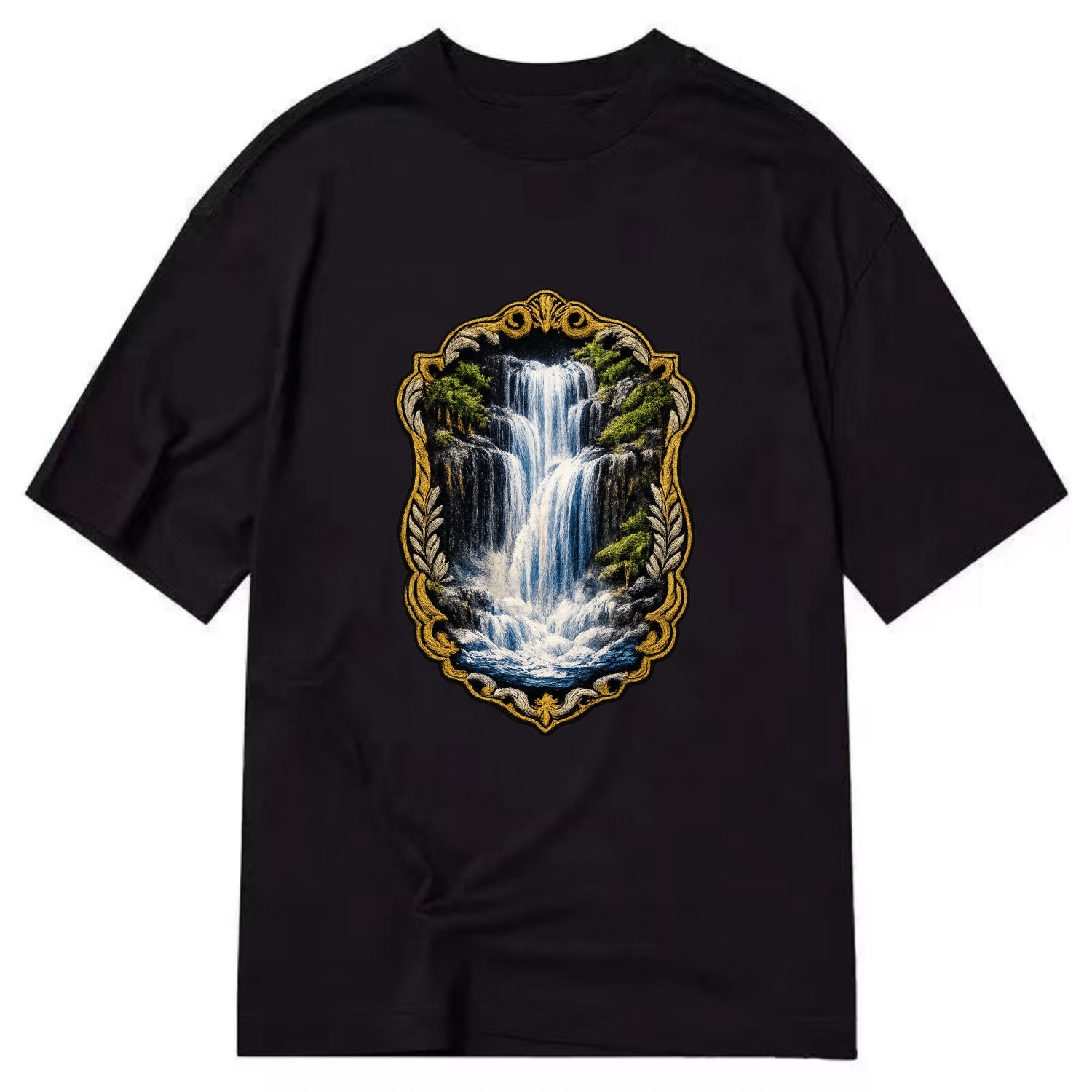 WATERFALL CASCADE - falling water with mist in blue and white , nature wonder - Classic T-shirt - Black