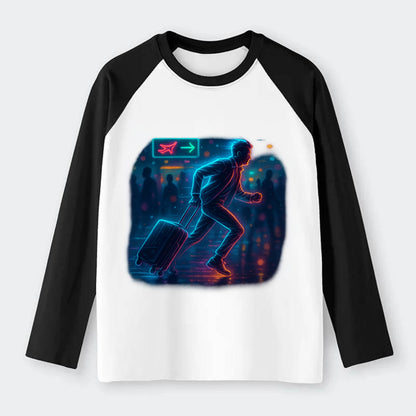 person running with luggage through crowded airport terminal - Raglan Long Sleeve T-Shirt - Black