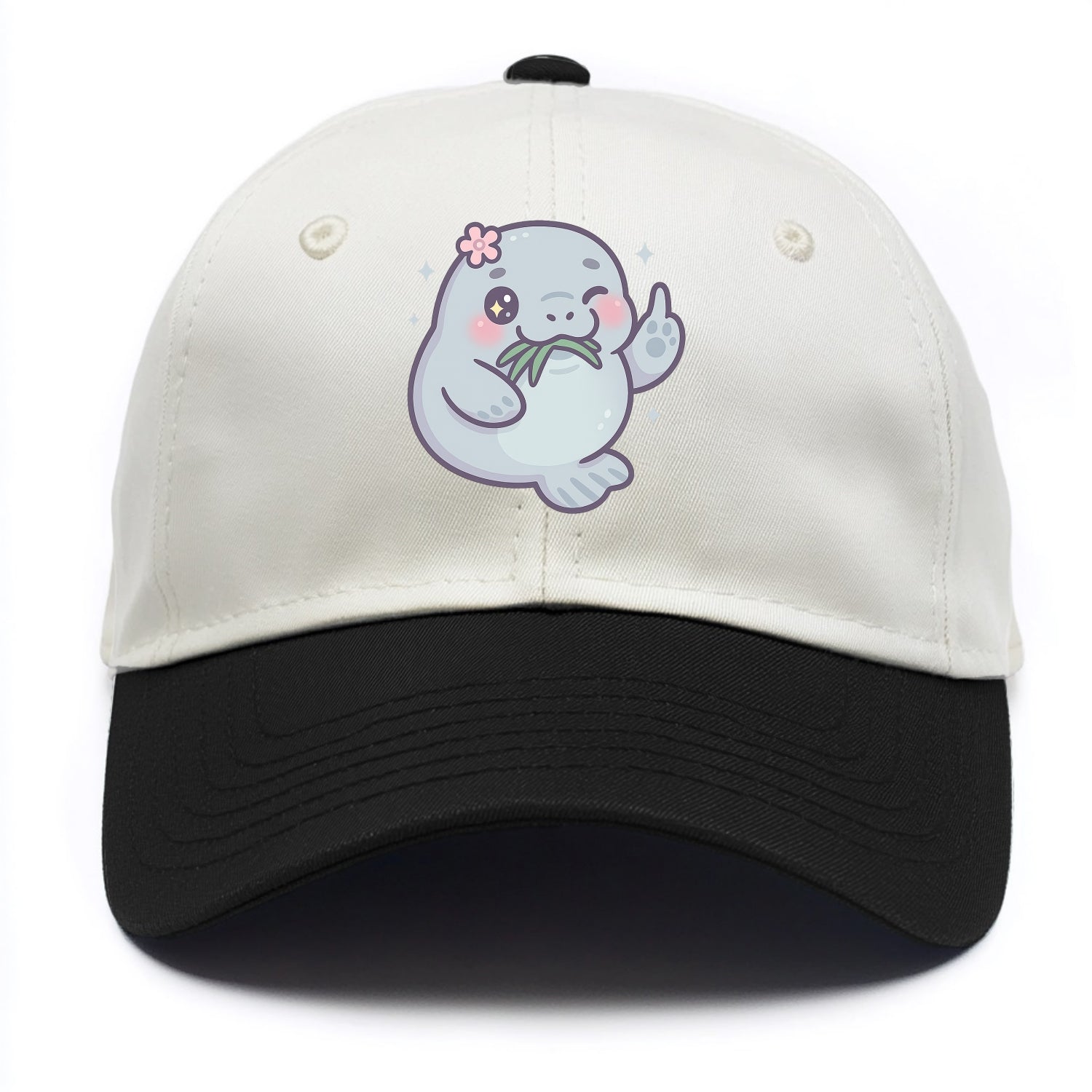 chubby manatee munching on seagrass, one flipper raised with sass - Two Tone Cap - Black