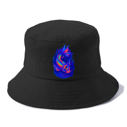 Sacred koi with scales reflecting rainbow prisms, yin-yang patterns in cosmic colors, - Bucket Hat - Black