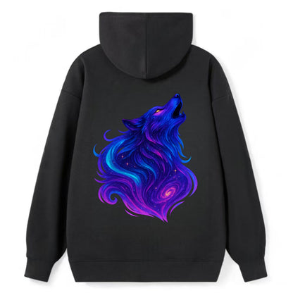 Noble wolf with flowing fur that transforms into aurora borealis streams, - Classic Pullover Hoodie - Black