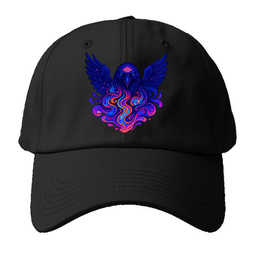 Mysterious raven with feathers showing future visions in neon colors, wings spread - Baseball Cap