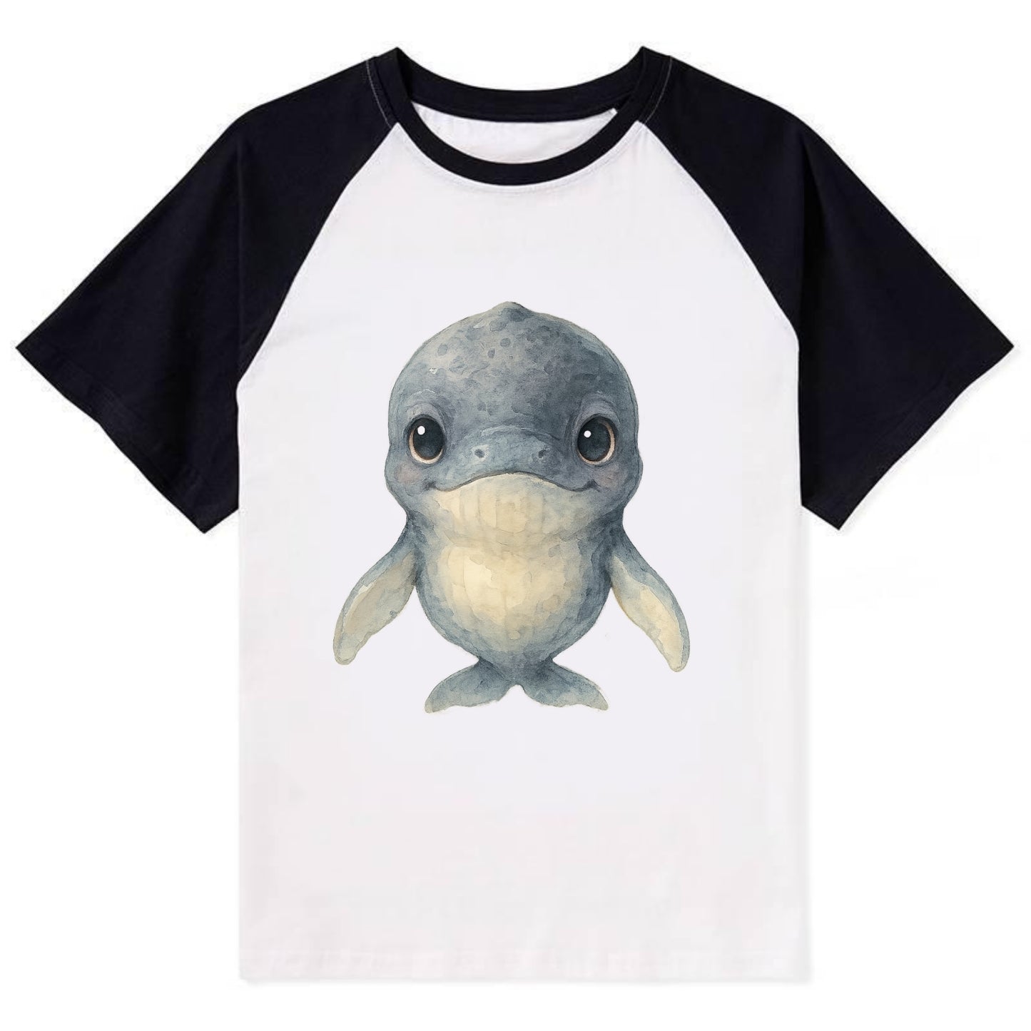 Baby Humpback Whale - dark gray with white flippers, large gentle eyes, - Contrast Raglan T-shirt - Black