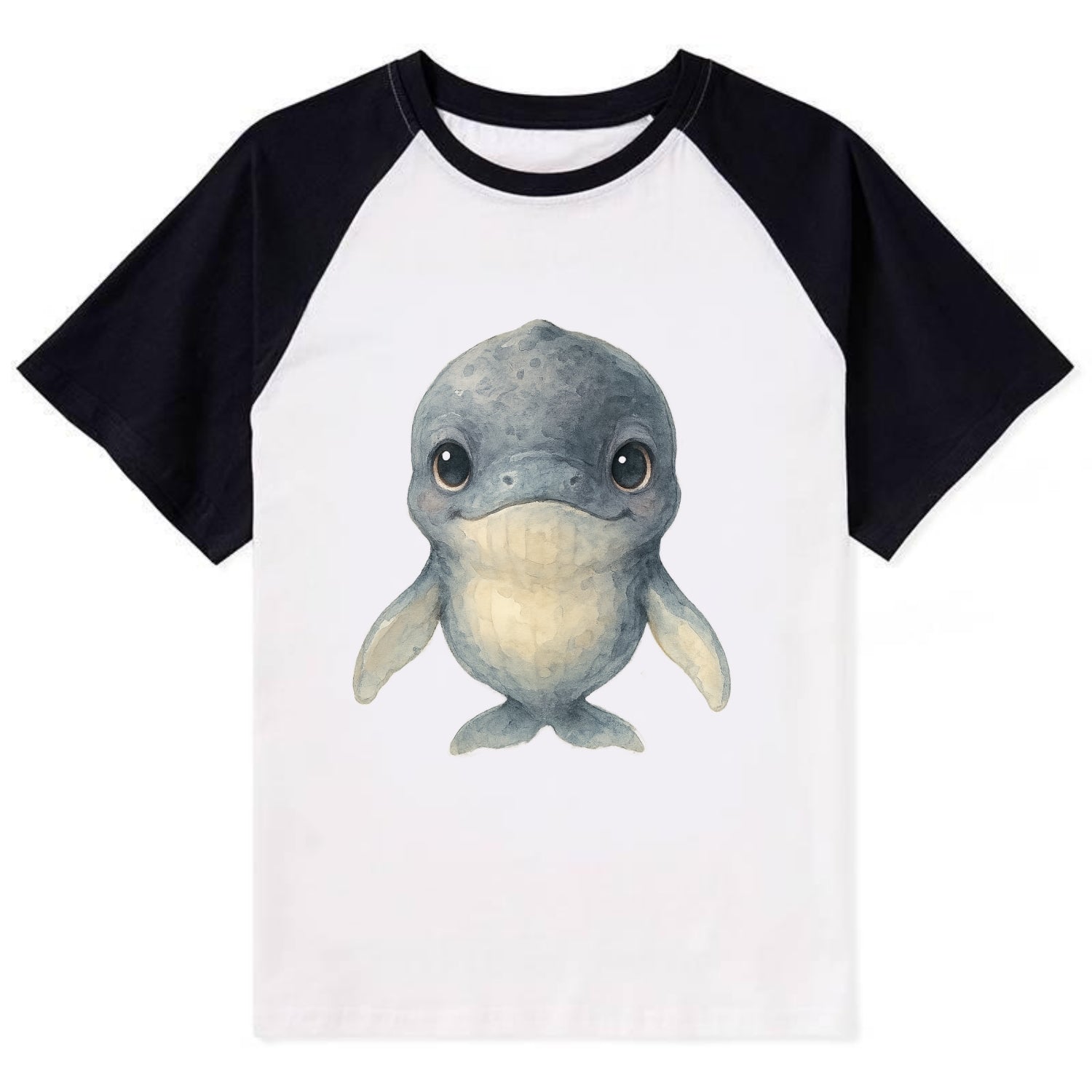 Baby Humpback Whale - dark gray with white flippers, large gentle eyes, - Contrast Raglan T-shirt - Black