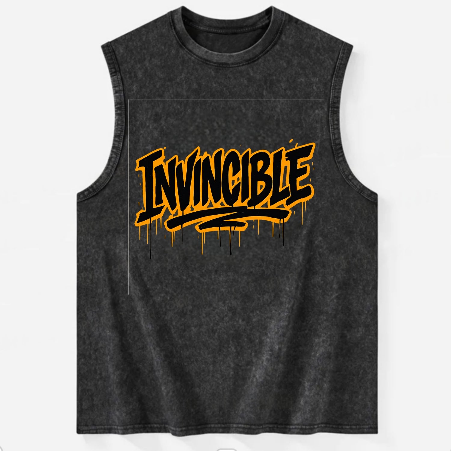Bold typography design - "INVINCIBLE" - cannot be defeated, unconquerable - Vintage Washed Tank - Black