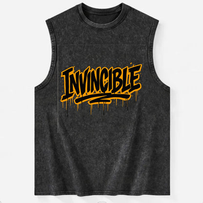 Bold typography design - "INVINCIBLE" - cannot be defeated, unconquerable - Vintage Washed Tank - Black