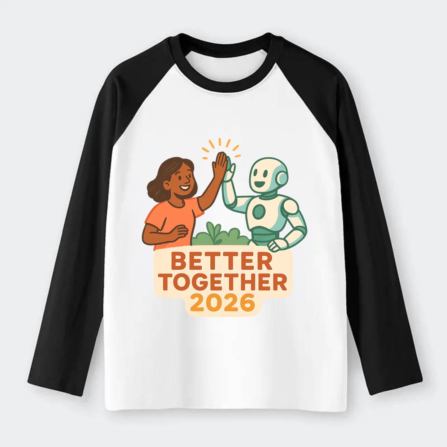 Human and AI robot high-fiving as collaborative partners - "Better - Raglan Long Sleeve T-Shirt - Black