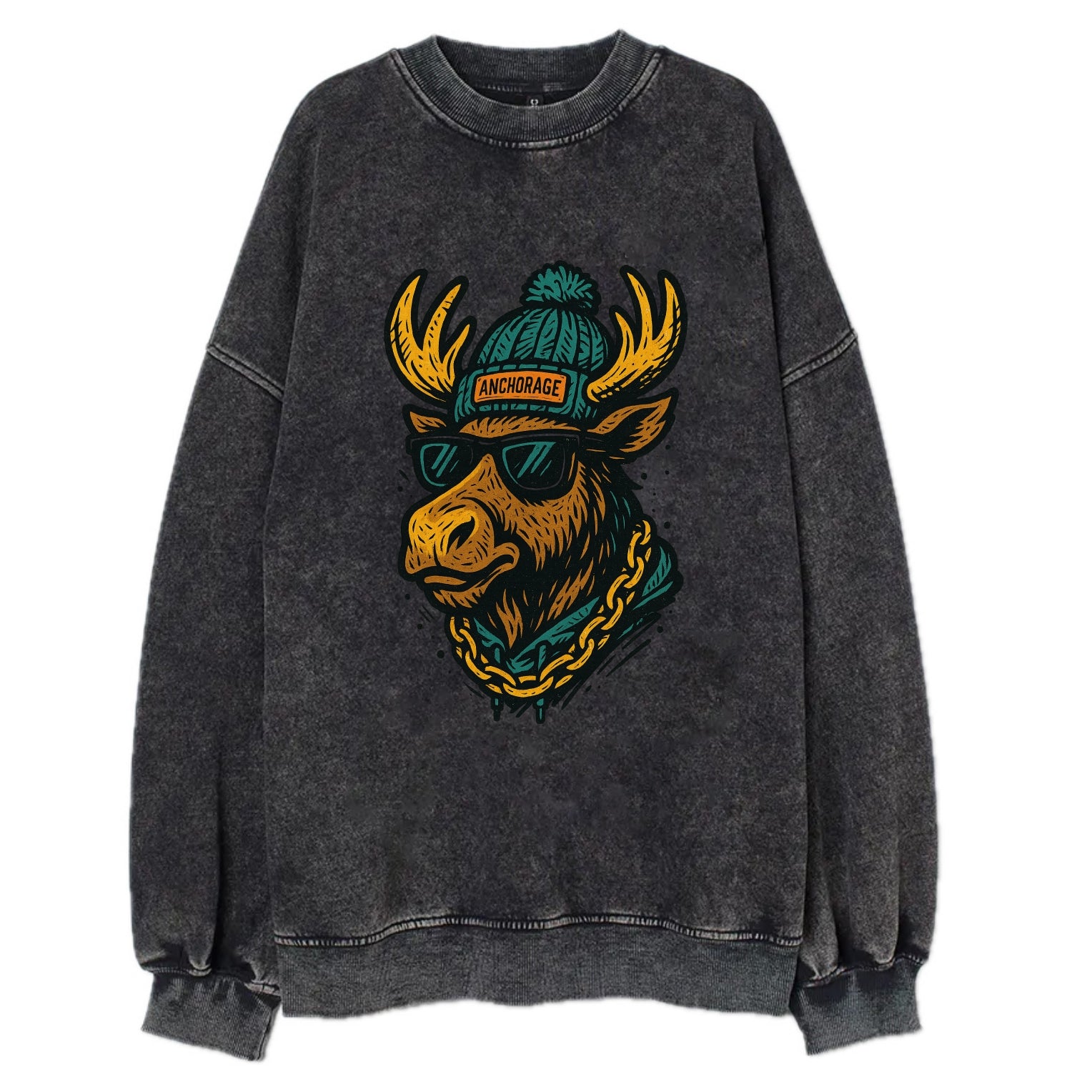 Alaska Moose wearing Anchorage beanie with pom pom and wayfarer sunglasses - Vintage Sweatshirt - Black