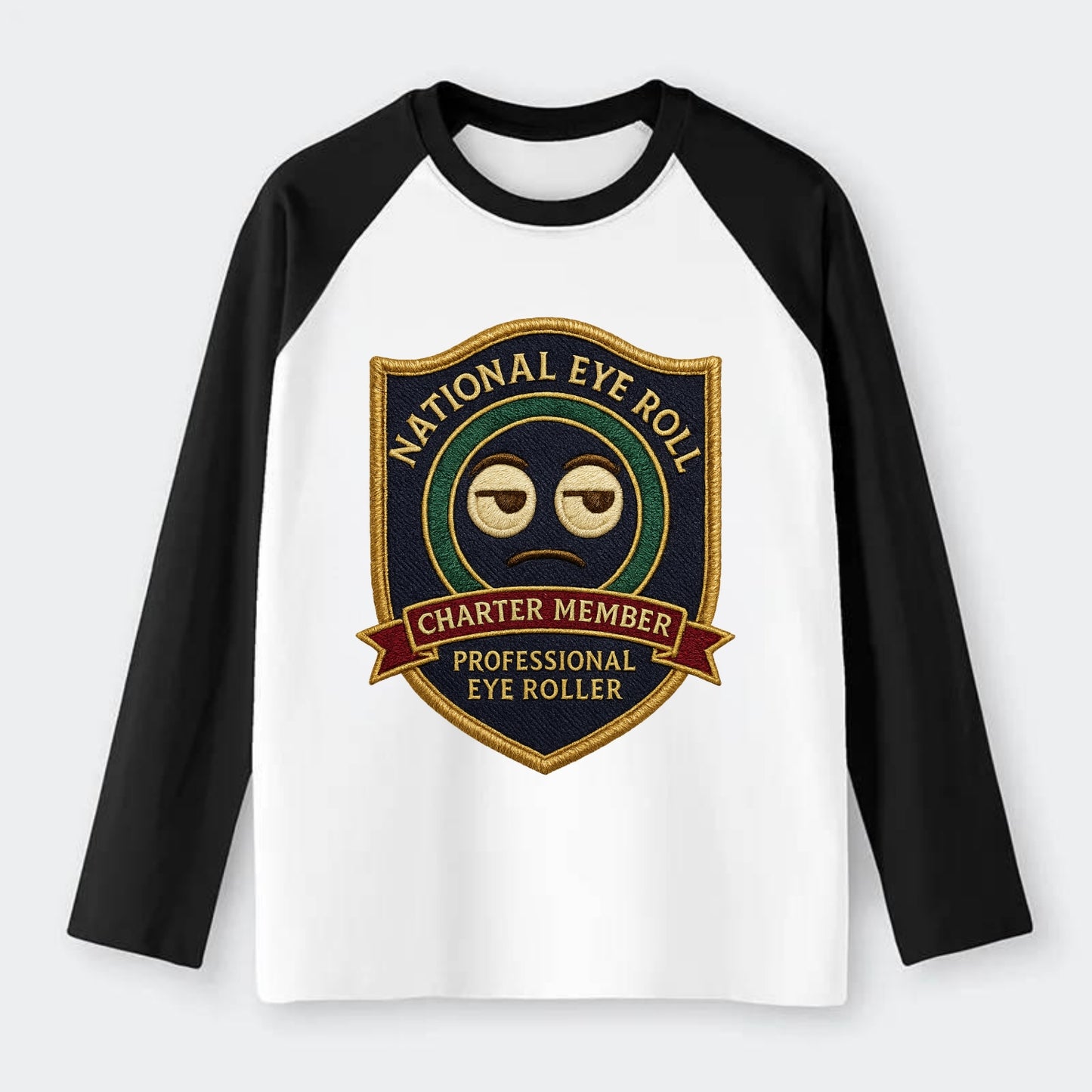 Crest with eye roll icon - "National Eye Roll Association - Charter - Raglan Long Sleeve T-Shirt - Black