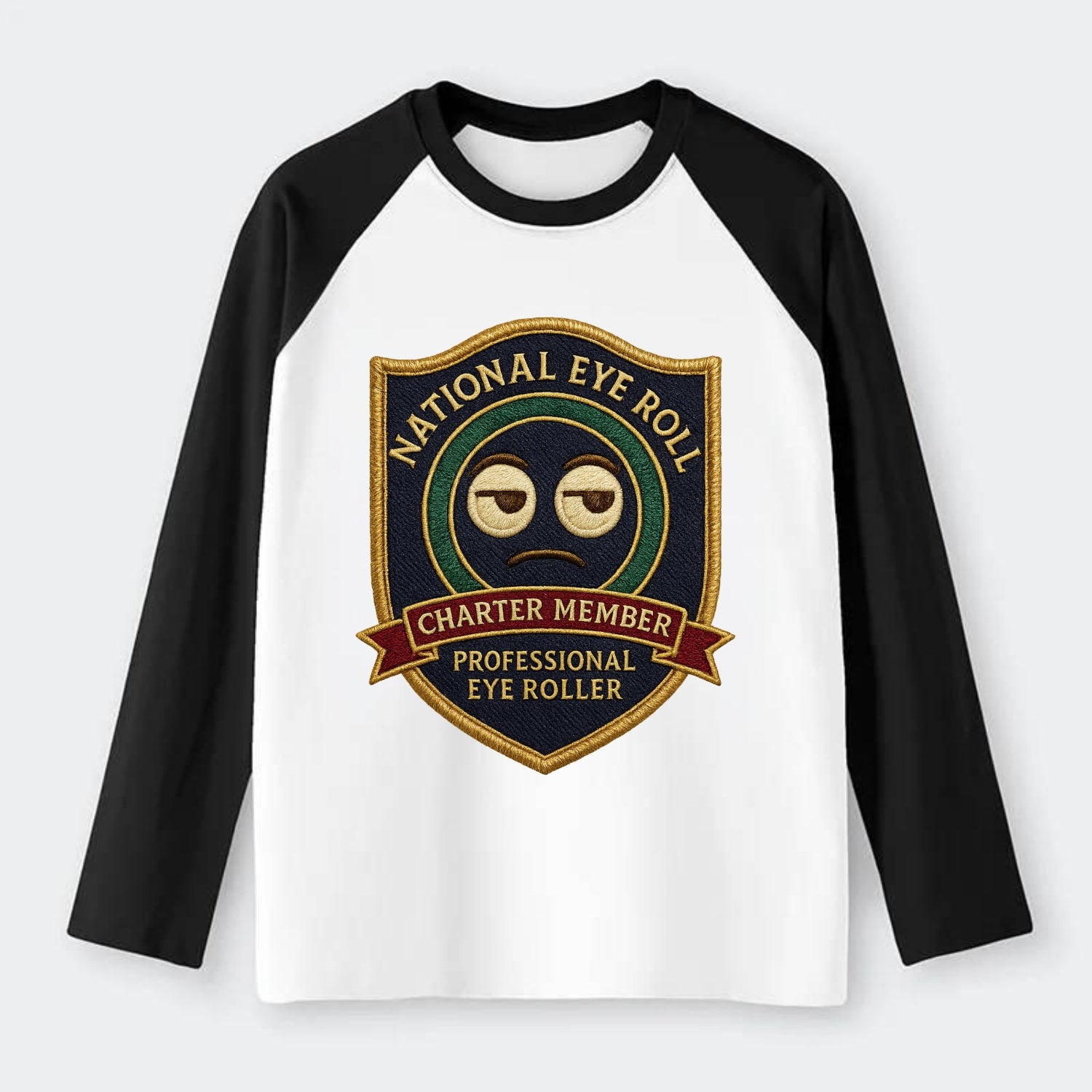 Crest with eye roll icon - "National Eye Roll Association - Charter - Raglan Long Sleeve T-Shirt - Black