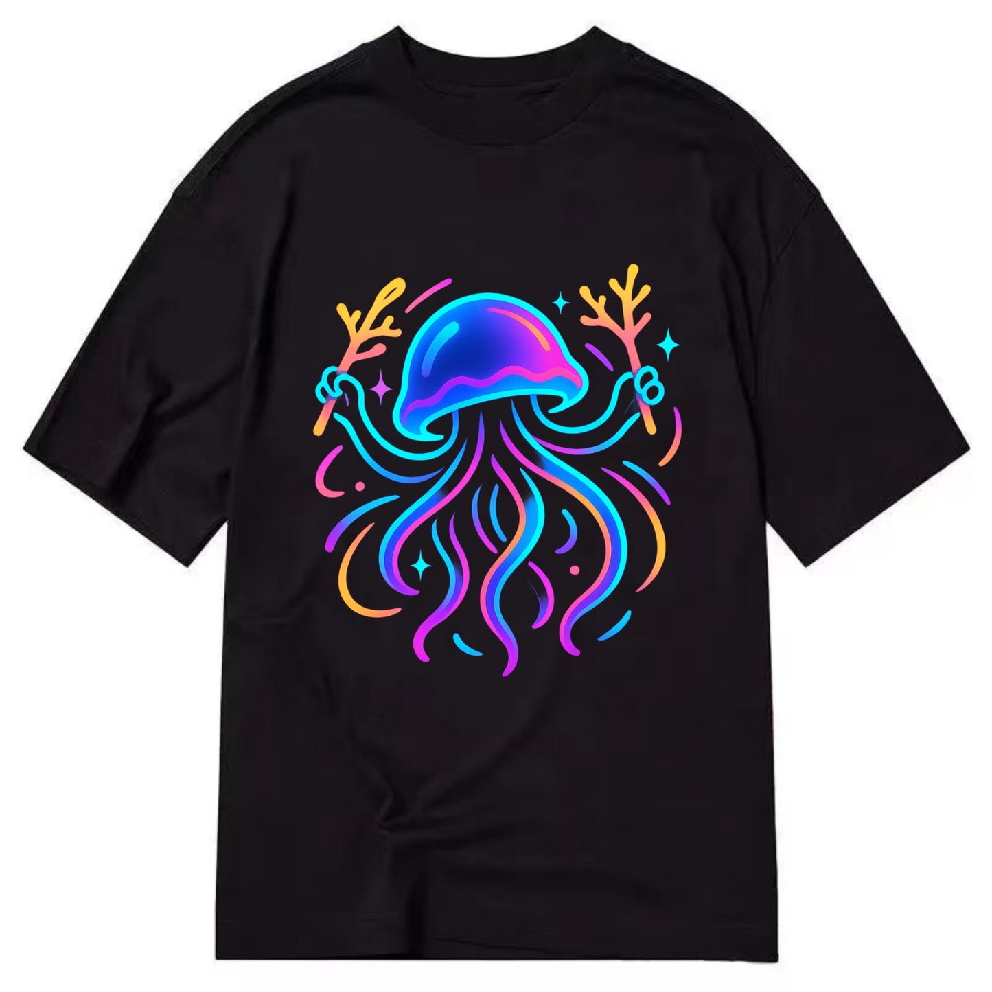 Jellyfish conducting a glow orchestra using coral batons in deep ocean concert - Classic T-shirt - Black