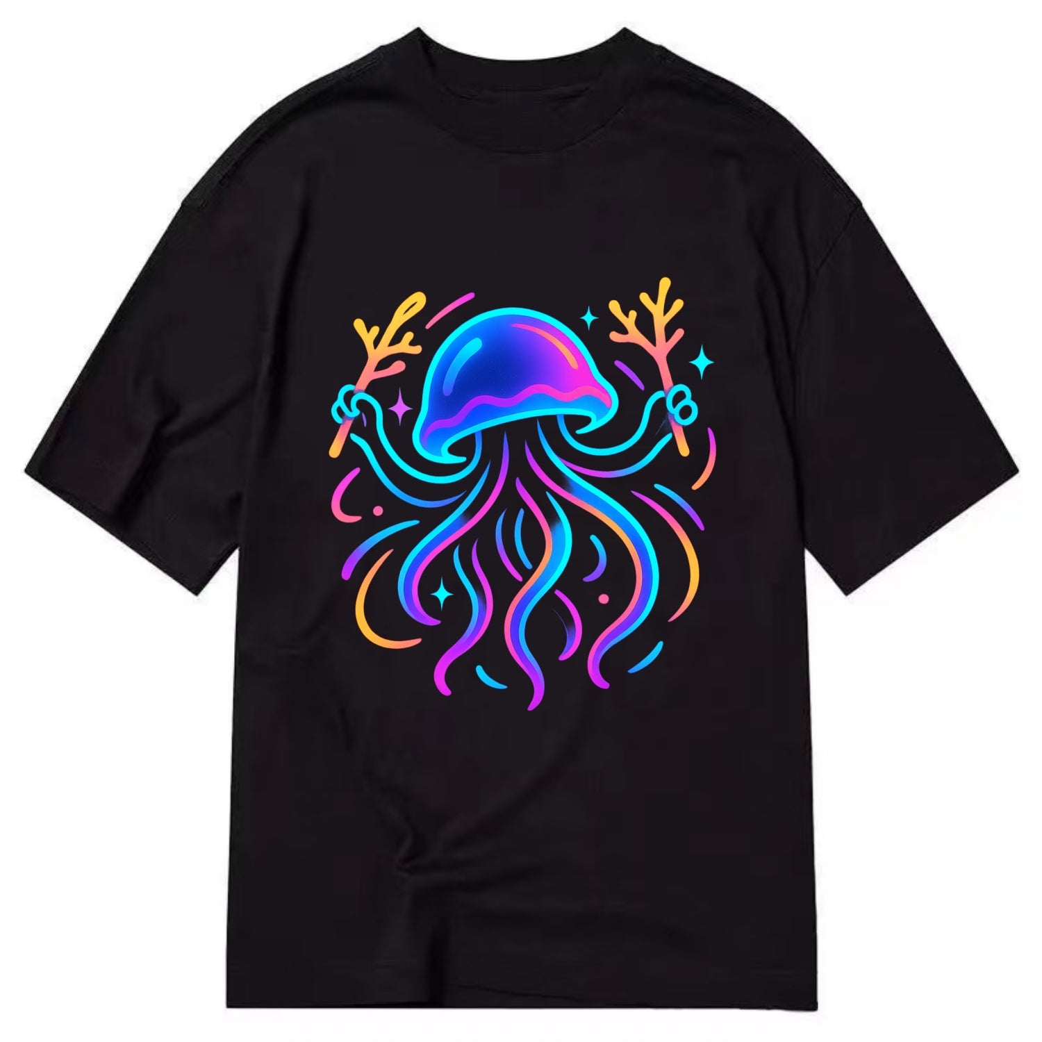Jellyfish conducting a glow orchestra using coral batons in deep ocean concert - Classic T-shirt - Black