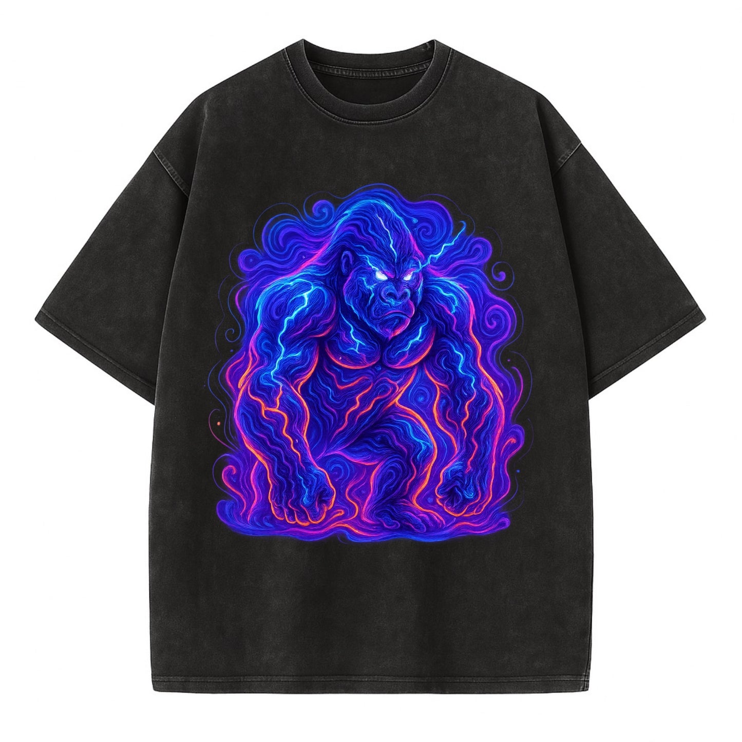 Mighty gorilla with electricity flowing through defined muscles, lightning bolt - Vintage T-shirt - Black