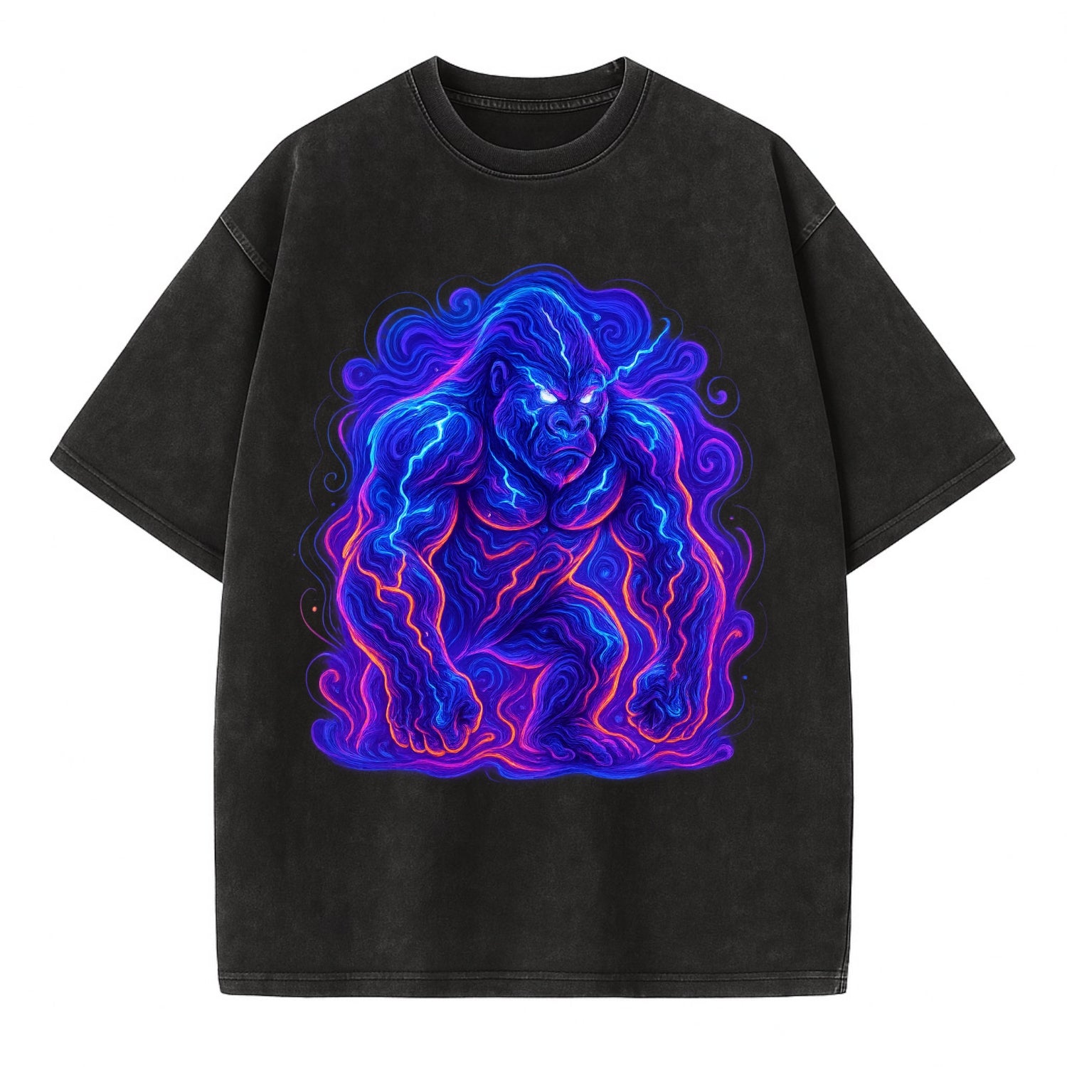 Mighty gorilla with electricity flowing through defined muscles, lightning bolt - Vintage T-shirt - Black