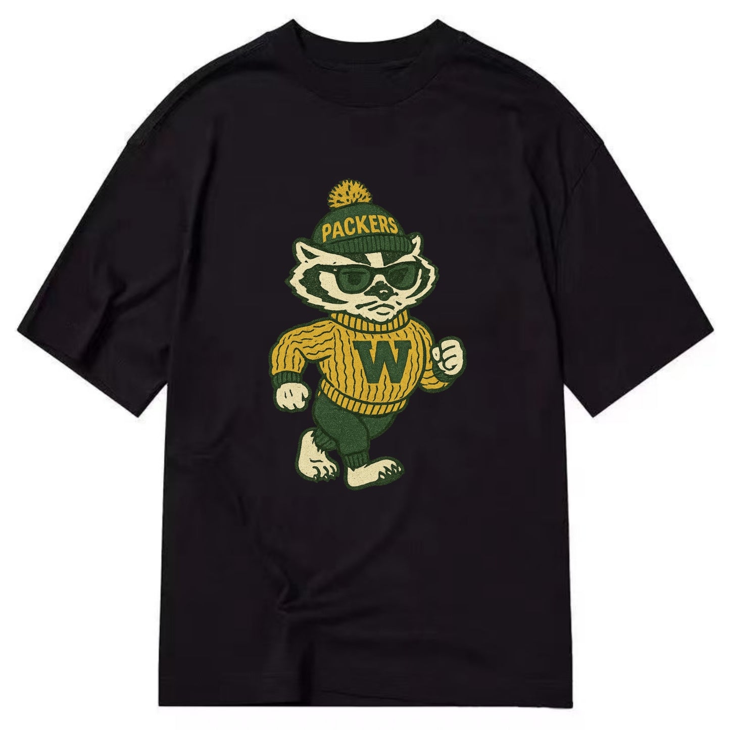 Wisconsin Badger wearing Packers green and gold beanie with pom pom and wayfarer - Classic T-shirt - Black