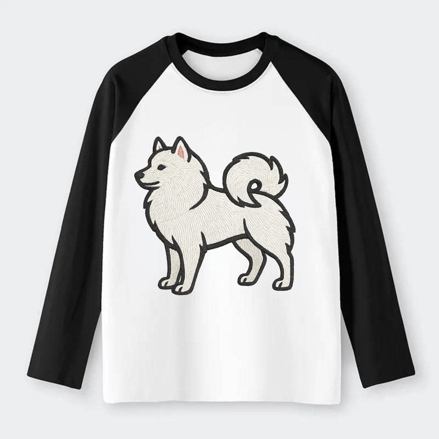 American Eskimo Dog - White spitz embroidered standing design - Raglan Long Sleeve T-Shirt - Black