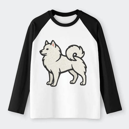 American Eskimo Dog - White spitz embroidered standing design - Raglan Long Sleeve T-Shirt - Black