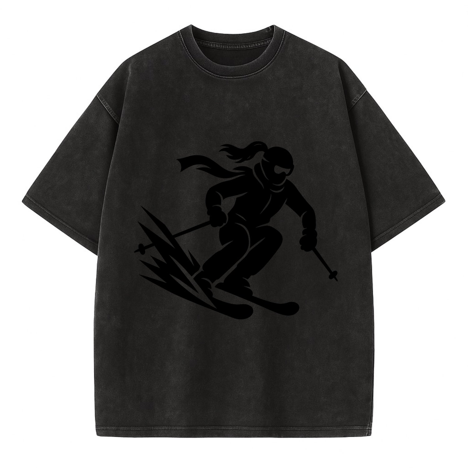 Skier carving down snowy slope - Vintage T-shirt - Black