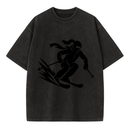 Skier carving down snowy slope - Vintage T-shirt - Black
