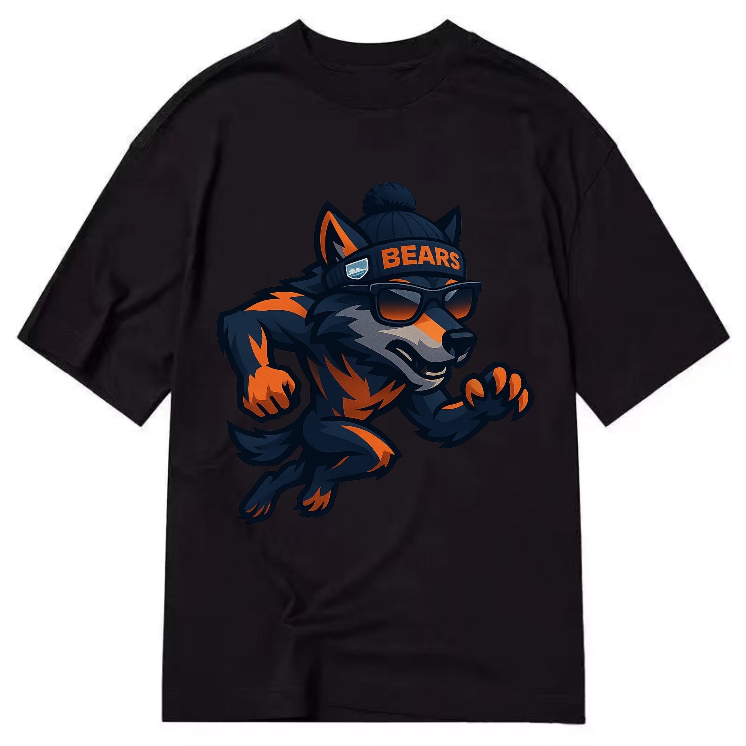 Chicago Wolf wearing Bears beanie with Lake Michigan patch and wayfarer sunglasses - Classic T-shirt - Black