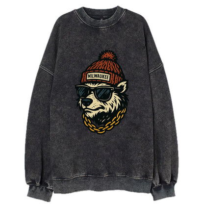 Milwaukee Badger wearing Milwaukee beanie with pom pom and wayfarer sunglasses - Vintage Sweatshirt - Black