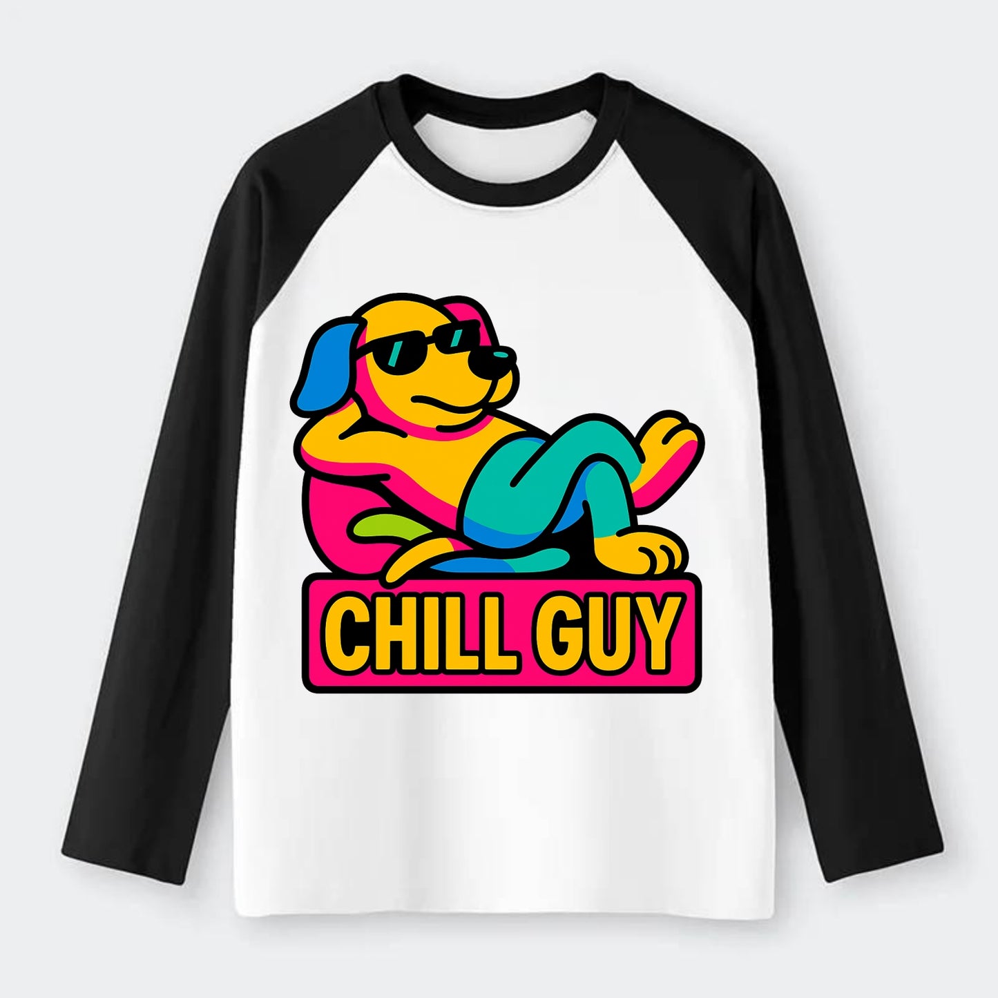 Super relaxed dog character lounging unbothered - "Chill Guy" meme - Raglan Long Sleeve T-Shirt - Black