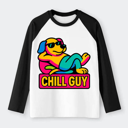 Super relaxed dog character lounging unbothered - "Chill Guy" meme - Raglan Long Sleeve T-Shirt - Black