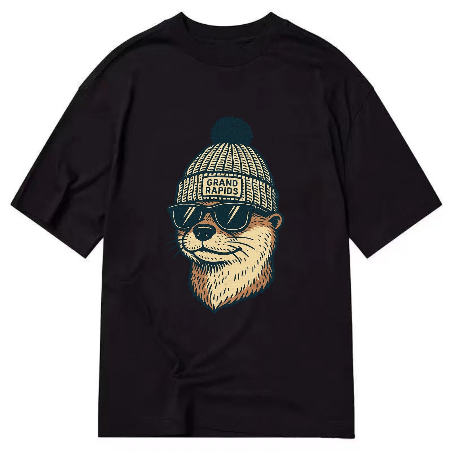 Grand Rapids River Otter wearing Grand Rapids beanie with pom pom and wayfarer - Classic T-shirt - Black