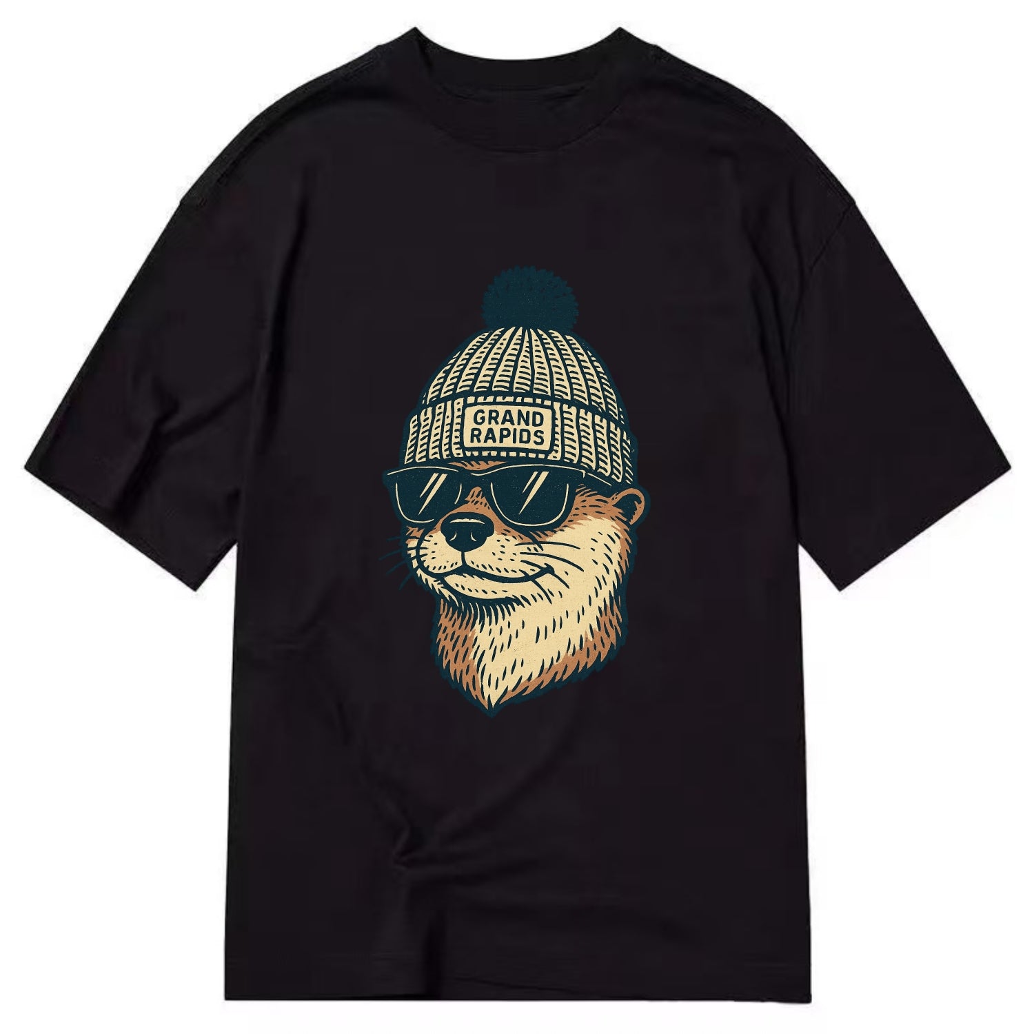 Grand Rapids River Otter wearing Grand Rapids beanie with pom pom and wayfarer - Classic T-shirt - Black