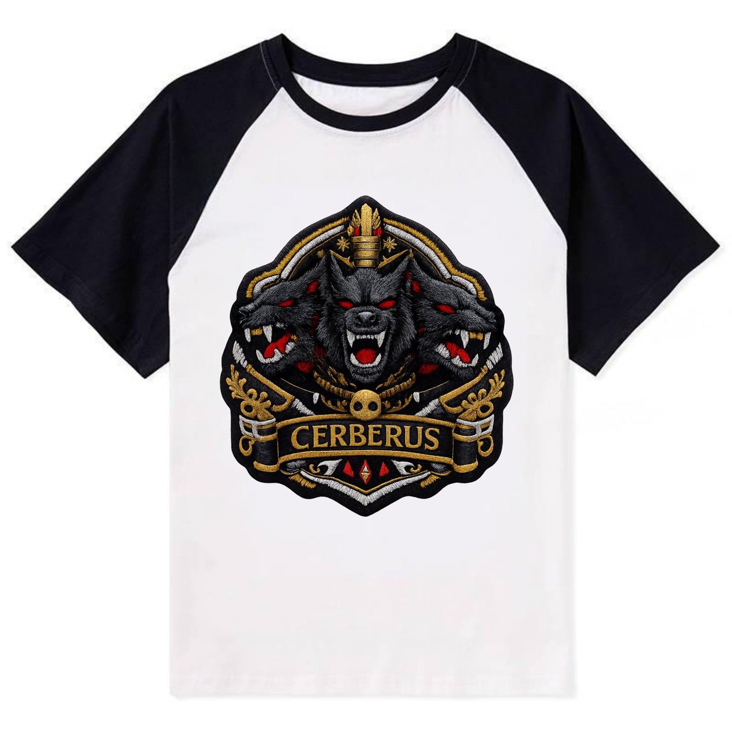 CERBERUS THREE HEADS - triple hound in black and red , underworld - Contrast Raglan T-shirt - Black
