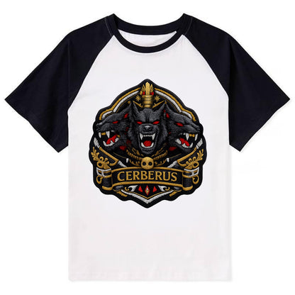 CERBERUS THREE HEADS - triple hound in black and red , underworld - Contrast Raglan T-shirt - Black