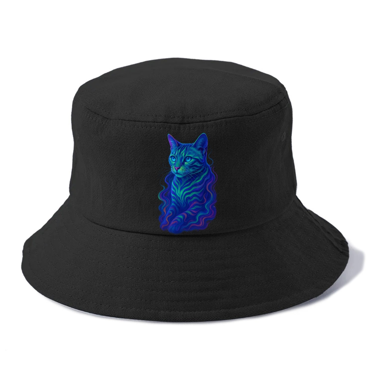 Exotic Bengal cat with aurora borealis colors flowing through its stripes, green and - Bucket Hat - Black