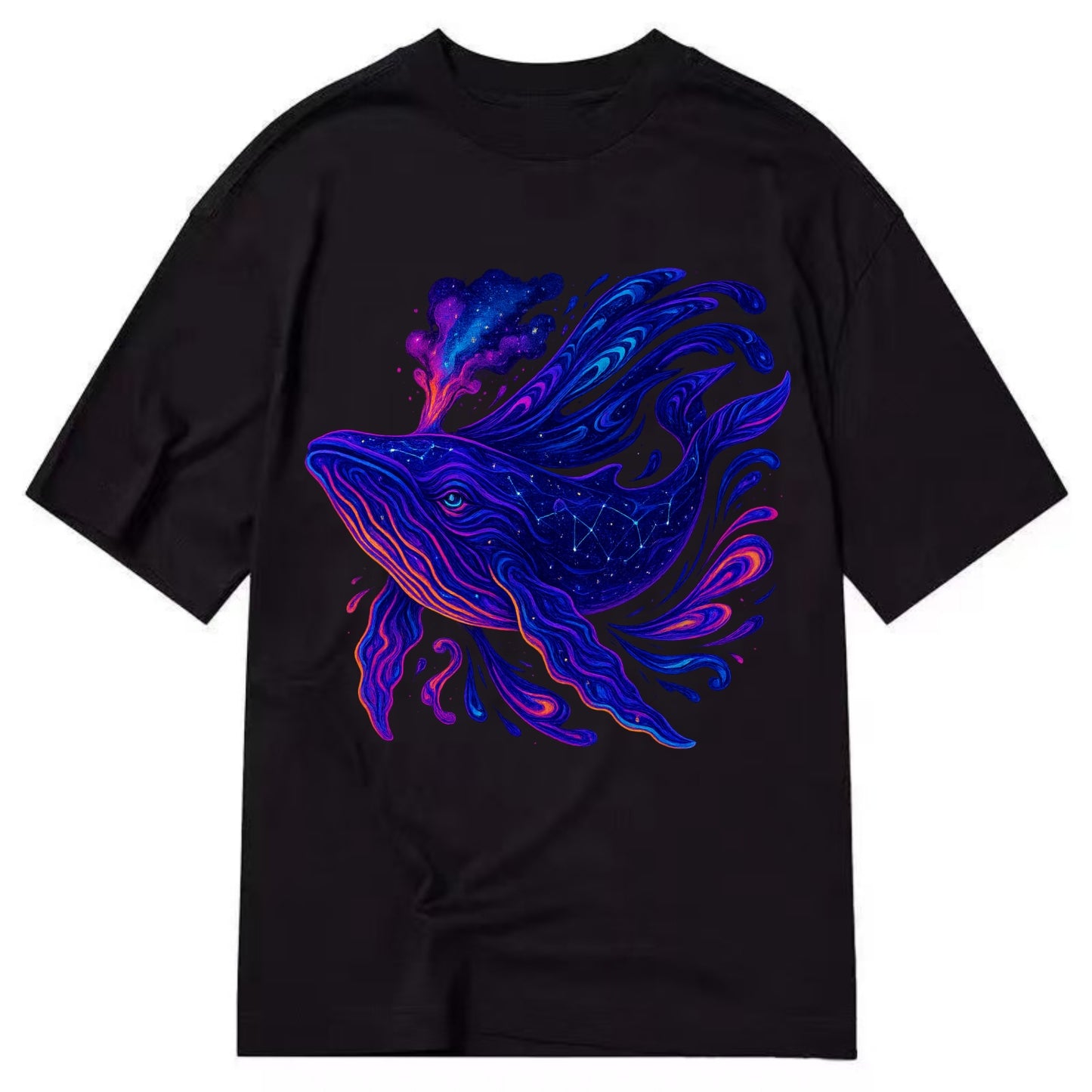 Majestic whale with body composed of galaxy clusters, stellar fins flowing like - Classic T-shirt - Black