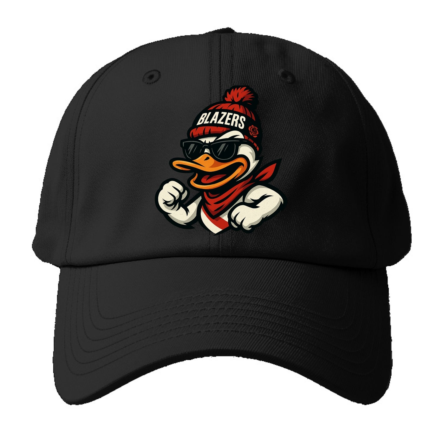 Oregon Duck wearing Trail Blazers beanie with rose patch and wayfarer sunglasses - Baseball Cap - Black