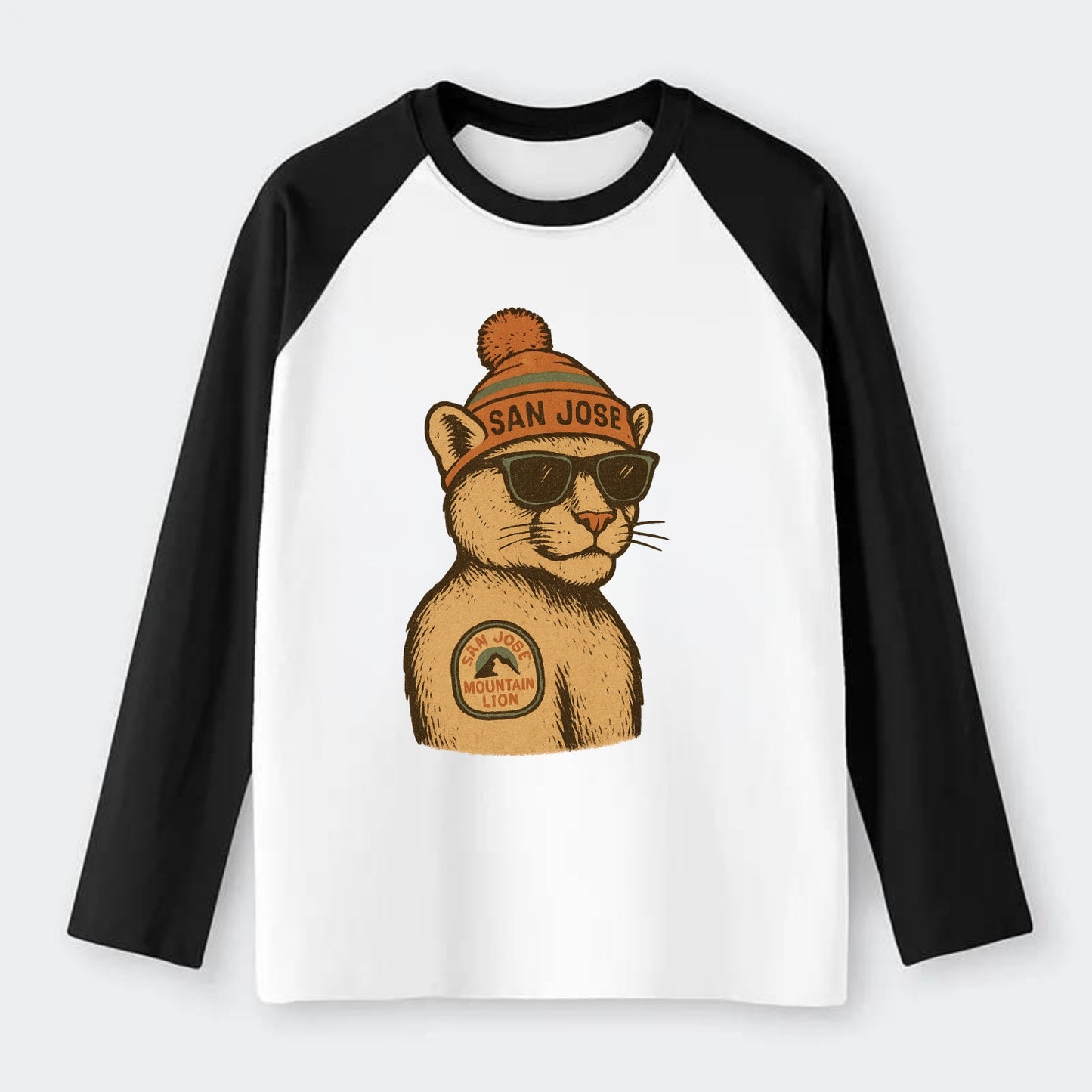 San Jose Mountain Lion wearing San Jose beanie with pom pom and - Raglan Long Sleeve T-Shirt - Black