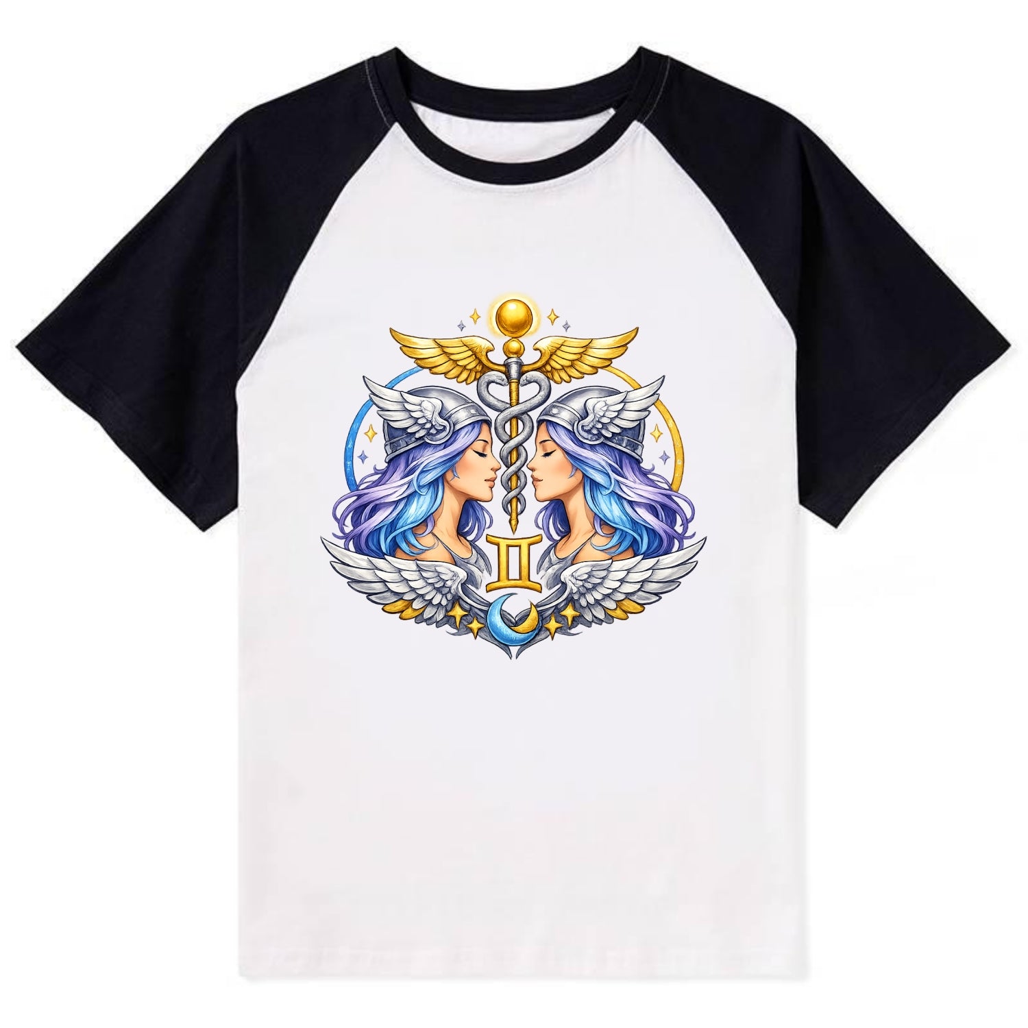 MERCURY WINGS | Winged messenger symbol | Caduceus staff | Swift - Contrast Raglan T-shirt - Black