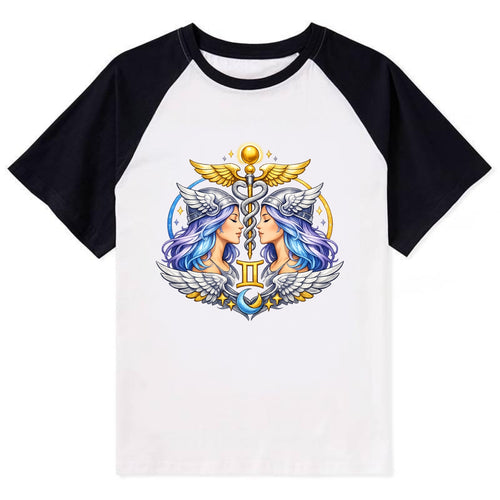 MERCURY WINGS | Winged messenger symbol | Caduceus staff | Swift - Contrast Raglan T-shirt