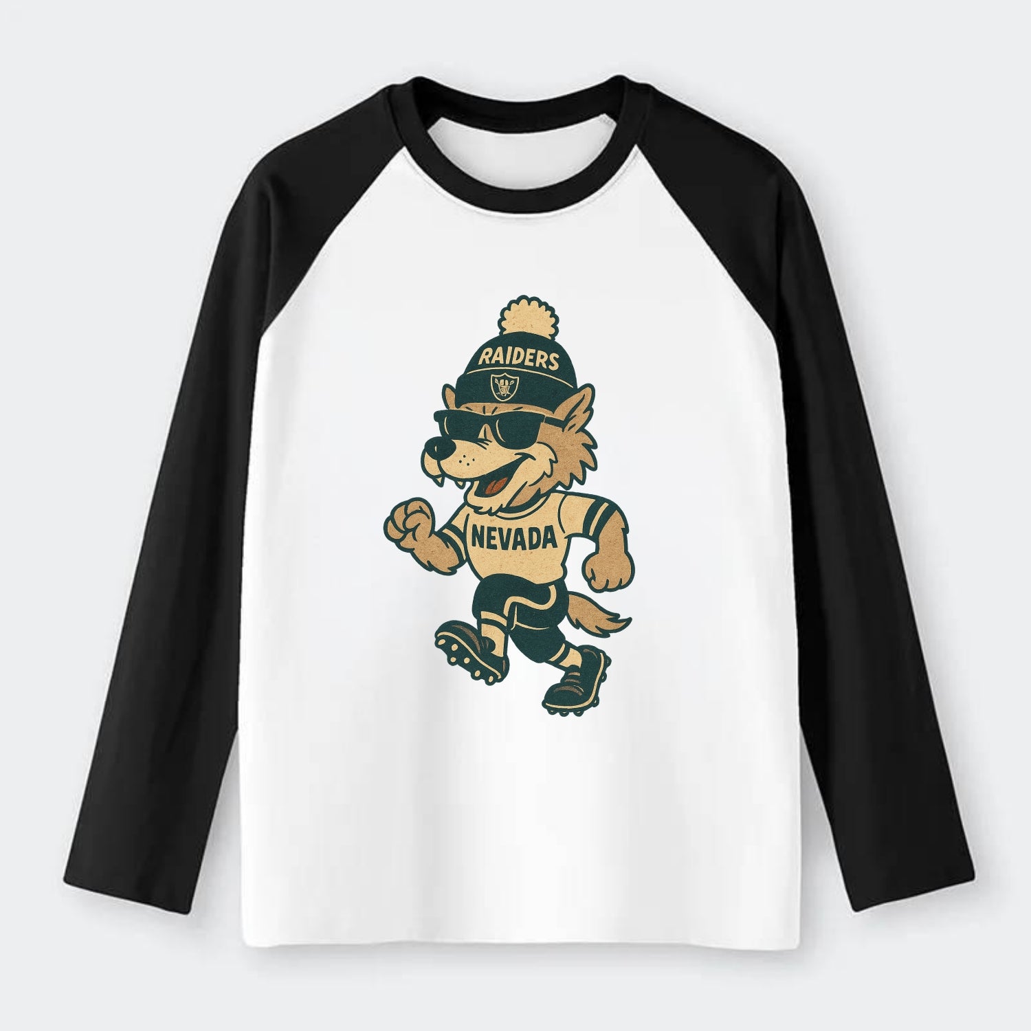 Nevada Wolf wearing Raiders beanie with outlaw patch and wayfarer - Raglan Long Sleeve T-Shirt - Black