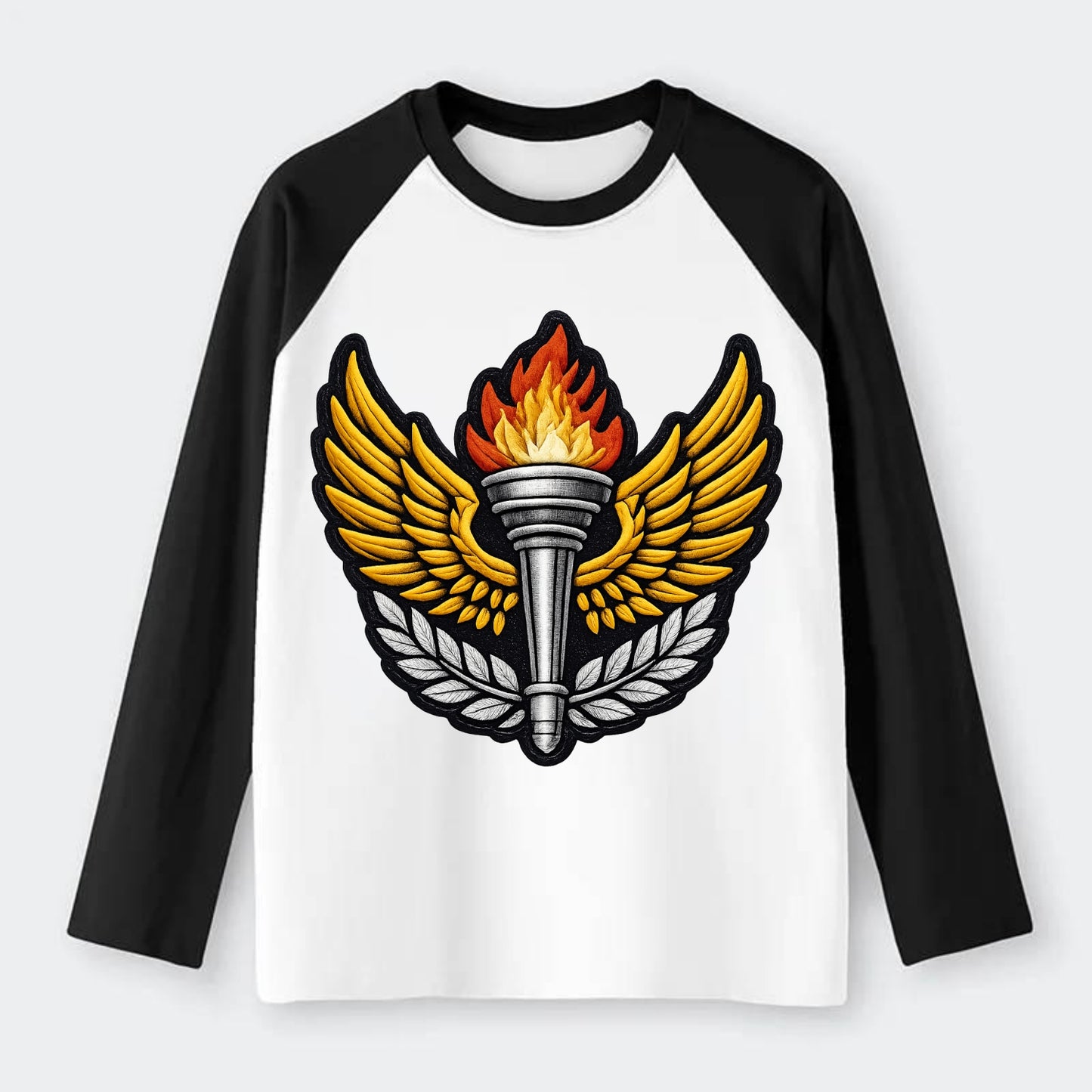 Embroidered patch design - TRACK AND FIELD TORCH - Olympic style torch - Raglan Long Sleeve T-Shirt - Black