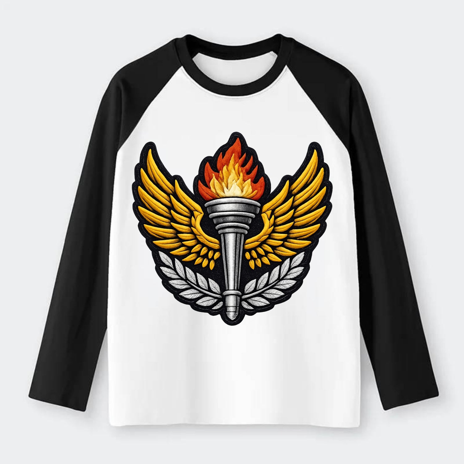 Embroidered patch design - TRACK AND FIELD TORCH - Olympic style torch - Raglan Long Sleeve T-Shirt - Black