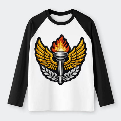 Embroidered patch design - TRACK AND FIELD TORCH - Olympic style torch - Raglan Long Sleeve T-Shirt - Black