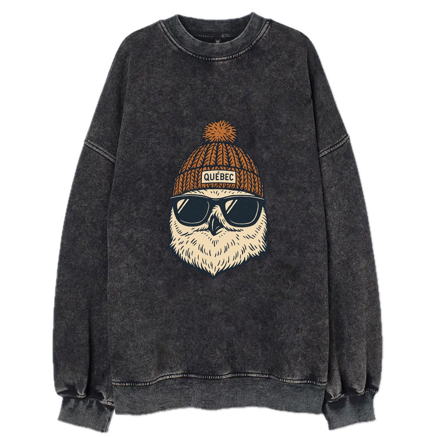 Quebec City Snowy Owl wearing Quebec beanie with pom pom and wayfarer - Vintage Sweatshirt - Black