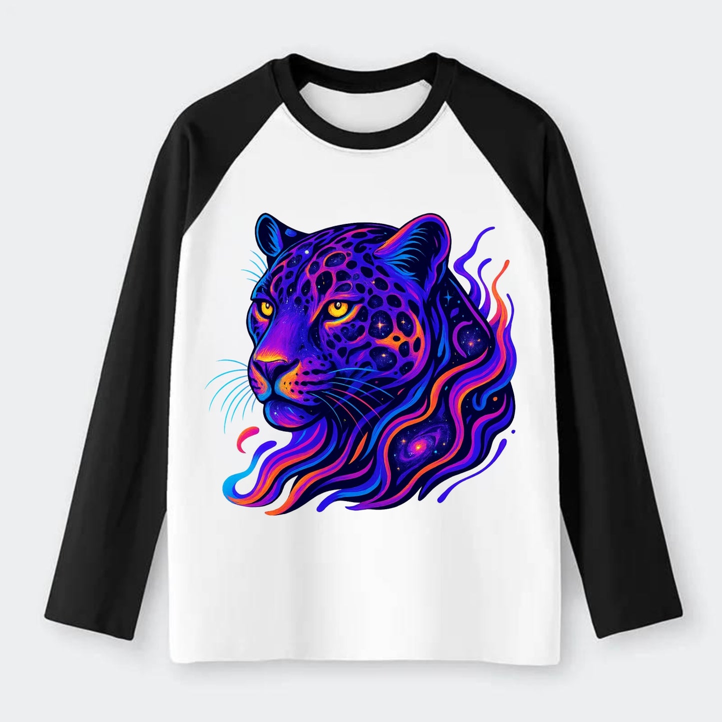 Powerful jaguar with rosettes containing miniature galaxies, cosmic - Raglan Long Sleeve T-Shirt - Black