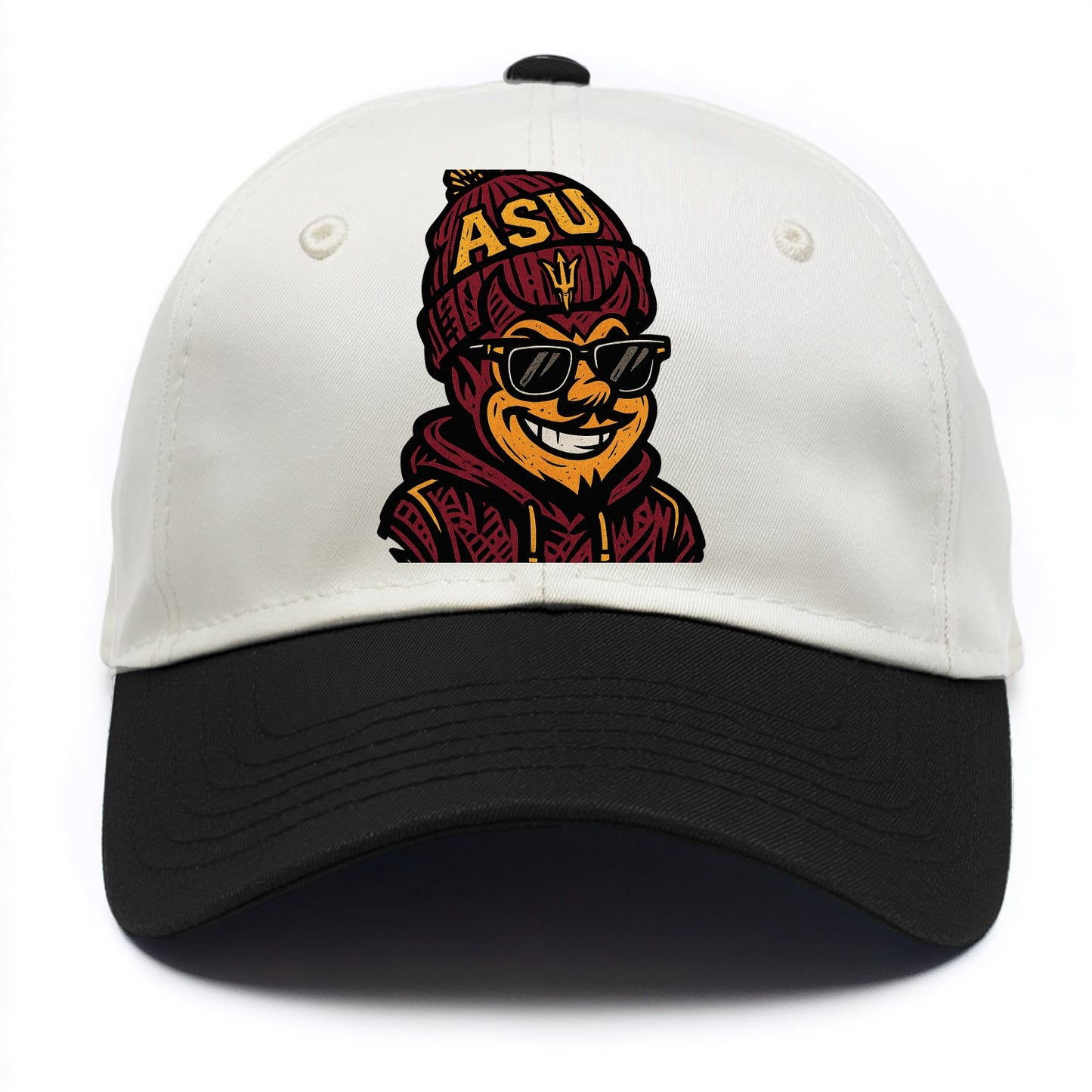 Tempe Sparky wearing Arizona State beanie with fork patch - Two Tone Cap - Black