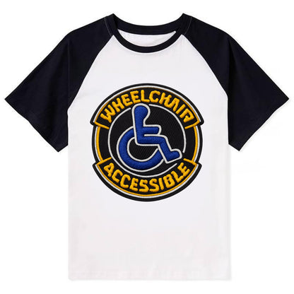 WHEELCHAIR ACCESSIBLE - accessibility symbol in blue , inclusion - Contrast Raglan T-shirt - Black